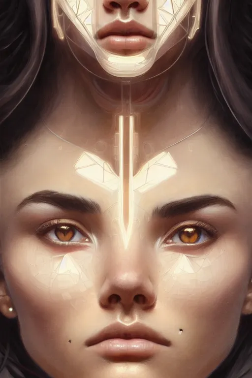 Image similar to symmetry!! portrait of madison beer, machine parts embedded into face, intricate, elegant, highly detailed, digital painting, artstation, concept art, smooth, sharp focus, illustration, art by artgerm and greg rutkowski and alphonse mucha, 8 k