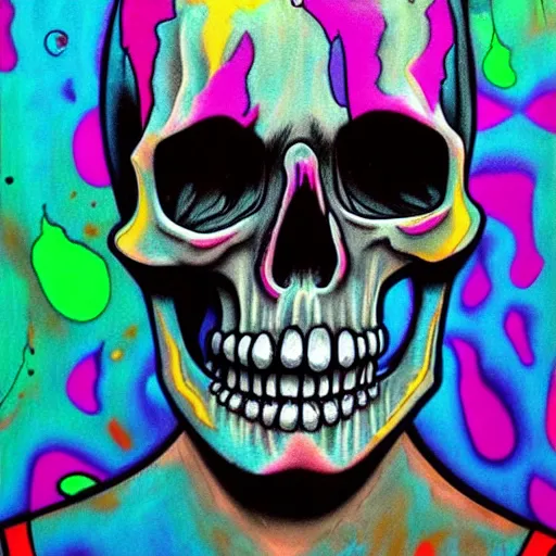 Image similar to portrait of skull, trippy, glitch, paint dripping, miyazaki style, exaggerated accents