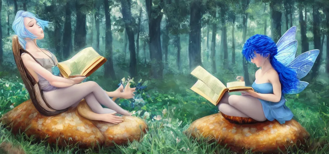 Image similar to A beautiful painting of a blue haired fairy reading a book while sitting on a mushroom by bob ross, Trending on artstation.