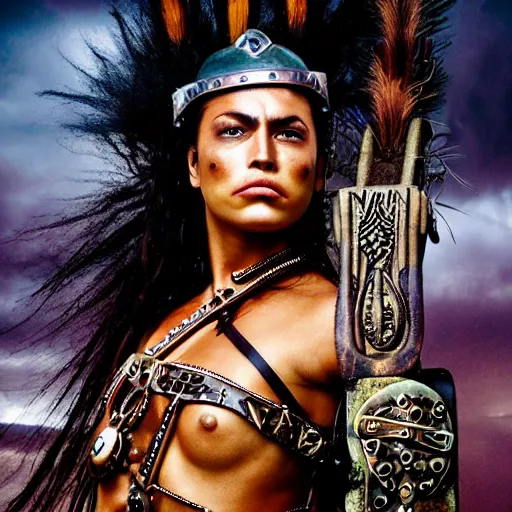 Prompt: Maori warrior princess on ancient steam punk hooverboard, storm outside by david LaChapelle