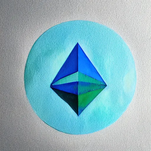 Image similar to 3D of the ethereum symbol, flat paint ,acrylic, minimal, abstract, art style by Joshy Sly, water color, soft pastel colors