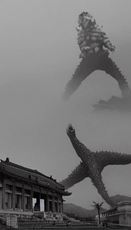 Image similar to a filmstill of a north korean monster movie, kaiju - eiga monster with starfish - arms trampling a traditional korean palace, foggy, film noir, epic battle, etheral, explosions, communist propaganda, communist epic thriller produced by kim jong - il, cinematography by akira kurosawa and tim burton, video compression