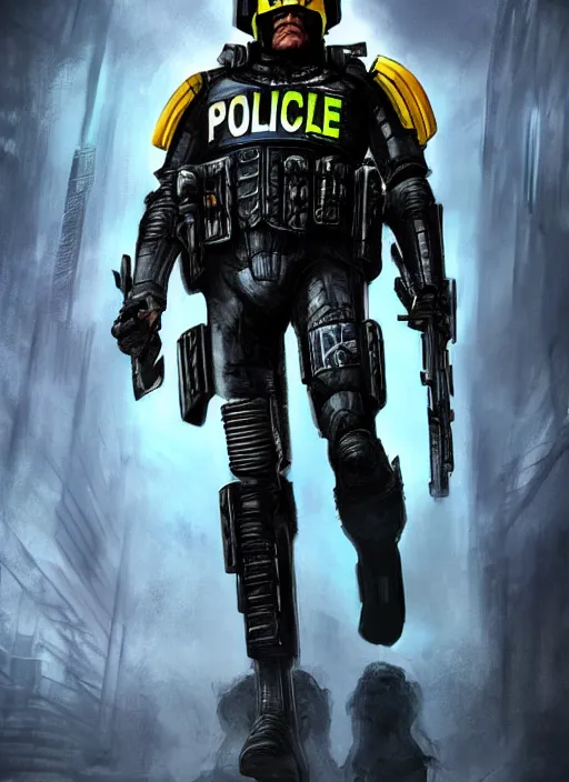 Image similar to photo of a heavy set futuristic police officer, 4 k, hd, official judge dredd fanart, behance hd artstation