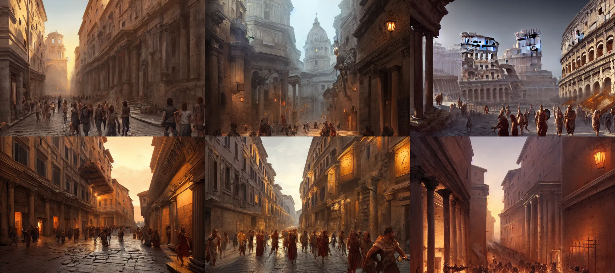 Prompt: ancient streets of rome, ancient rome architecture, crowded streets, cinematic lighting, concept art, smooth, sharp focus, highly detailed, render in unreal engine 5, artstation, deviantart, behance, trending, feng zhu, shaddy safadi, noah bradley, tyler edlin, jordan grimmer, darek zabrocki, neil blevins