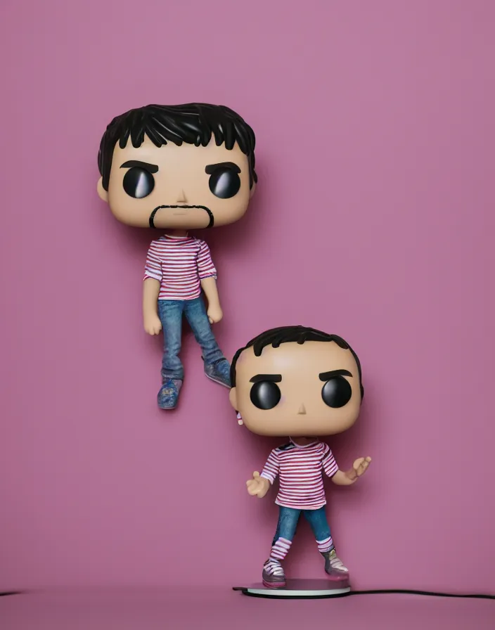 Prompt: singular human in the shape of a Funko Pop posing for a portrait, studio lighting, pink striped wallpaper backdrop, 8k