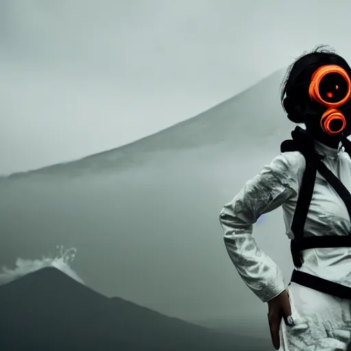Prompt: woman with white suit with a dragon, she wear red eyed gasmask, in volcano, standing close to volcano, fire raining, professional photography, black and white, cinematic, eerie
