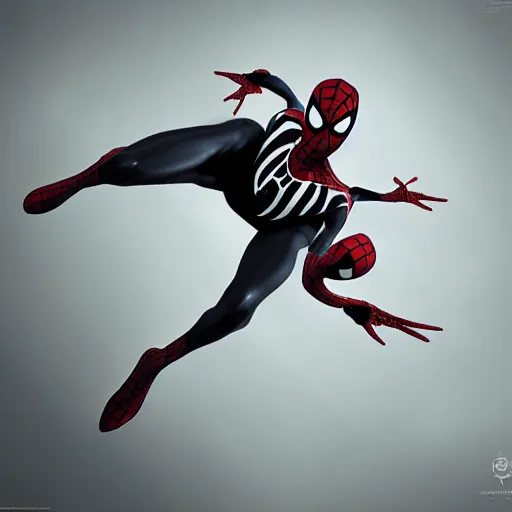 Image similar to concept render of a spiderman with black and white stripes by cedric peyravernay and leon tukker