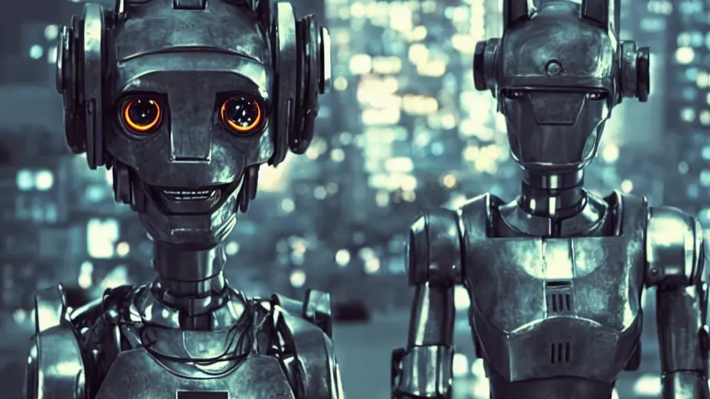 Prompt: film still from the movie chappie of the robot chappie shiny metal outdoor scene bokeh depth of field furry anthro anthropomorphic stylized cat ears head android service droid robot machine fursona