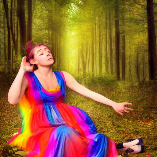 Prompt: hyperrealistic photograph, a beautiful female angel, crying, sitting, in a colorful forest, wearing a long rainbow gown