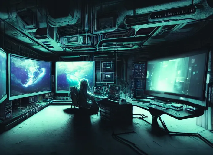 Image similar to a dimly lit room with a cyberpunk girl sat in the middle. a wall of televisions and computer screens showing images of aliens, planets and data. oscilloscope. cyberpunk vibes. sci - fi. realistic photography art. zack snyder. tooth wu and wlop and beeple and greg rutkowski. dslr. 8 k resolution. vray