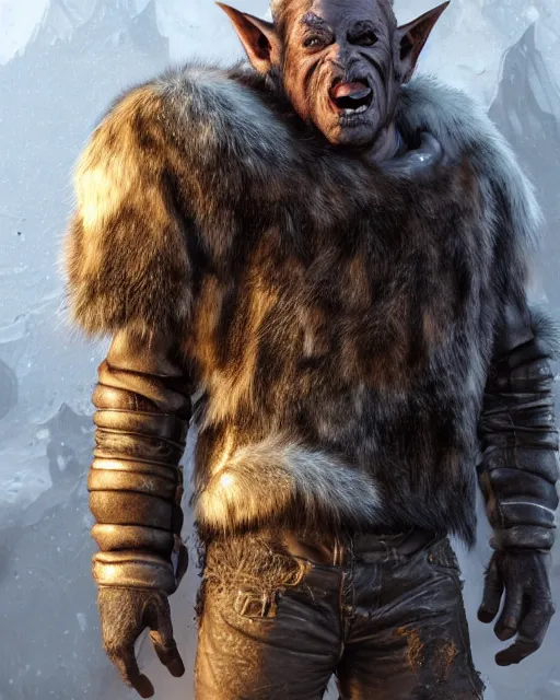 Image similar to A full body shot of a handsome orc looking into the camera wearing a leather fur jacket and boots, full body shot, detailed face, artstation, realistic, highly detailed, symmetrical, hyper realistic, dynamic pose, high detail, octane render, unreal engine, 8k, fantasy art, highly detailed, concept art, art by greg rutkowski