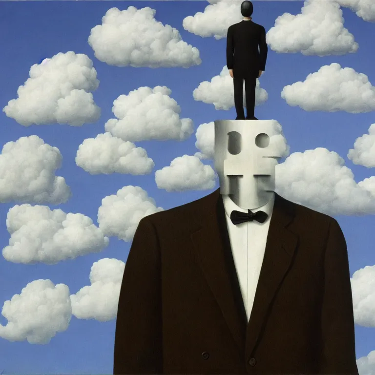 Image similar to portrait of headless man in a suit, clouds in the background, by rene magritte, detailed painting, distance, middle centered, hd, hq, high resolution, high detail, 4 k, 8 k