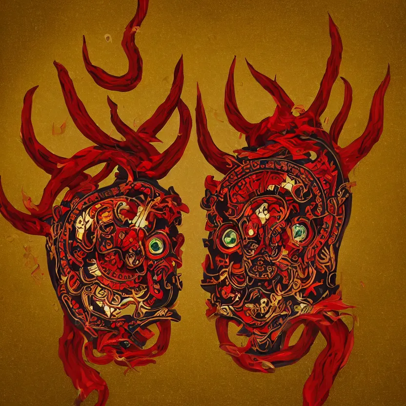 Image similar to a painting of a symmetrical centered traditional demon mask in traditional Japanese style, kintsugi, ornate, details, smooth, sharp focus, illustration, realistic, cinematic, artstation, award winning, rgb , unreal engine, octane render, cinematic light, macro, gold, depth of field, blur, red cloud light, 8K,