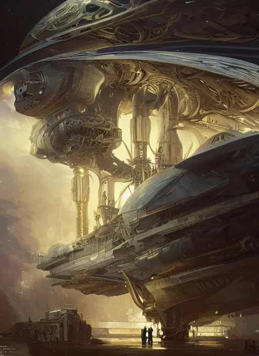 Prompt: epic concept illustration | highly detailed | intricate mechanical design | star fleet nautilus ship being prepared for launch | by greg rutkowski and alphonse mucha. uhd | amazing depth | cinematic lighting