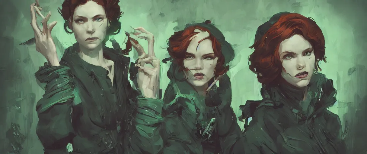 Prompt: duotone black and green comic noir illustration triss merigold ginger hair. from wither 3. by sachin teng and sergey kolesov and ruan jia and heng z. graffiti art, scifi, fantasy, hyper detailed. octane render. concept art. trending on artstation