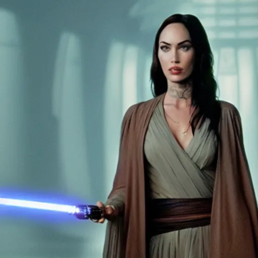 Prompt: Still of Megan Fox on the Jedi Council, Star Wars | Cinematic Lighting, beautiful composition, 8K resolution