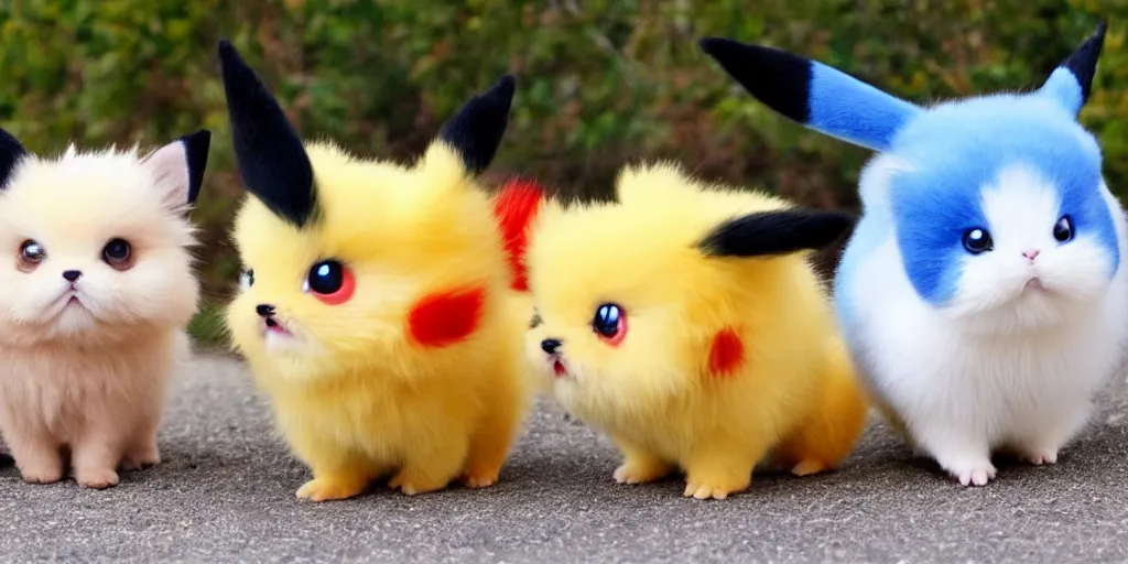 Image similar to real life pokemons, cute!!!, content!!!, mischievous!!!, adorable!!!, little furballs, fluffy!!!, ultra realistic!!!, golden hour, sharp focus