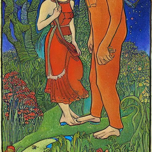 Prompt: a young couple who moved to another planet, hot weather, full growth, by Ivan Bilibin, Russian fairytales illustration