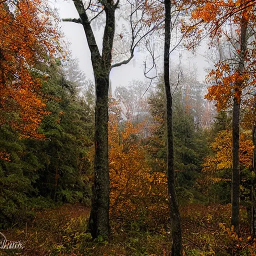 Image similar to A forest in fall with a overcast sky. Muted colors.