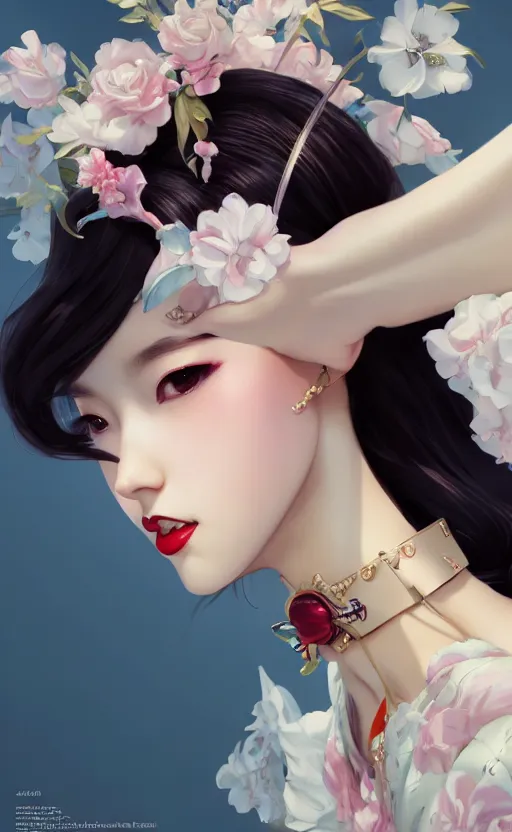 Image similar to a pin up and beautiful fashion and charming and dreamlke japan girl with lv jewelry, character art, art by artgerm lau and kyoung hwan kim and and ilya kuvshinov and john singer sargent, hyperdetailed, 8 k realistic, symmetrical, frostbite 3 engine, cryengine, dof, trending on artstation, digital art