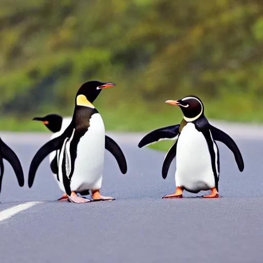 Prompt: penguins in sombreros walking across the road