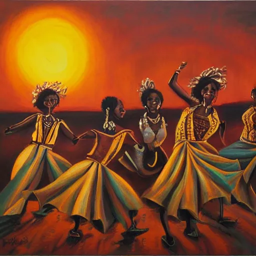 Prompt: african women dancing around a steampunk portal at sunset, by alan kenny, oil on canvas