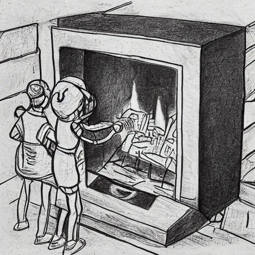 Image similar to very simple bad ballpoint pen line drawing of a furnace with people around it, pen on paper simple drawing by a child, no shading