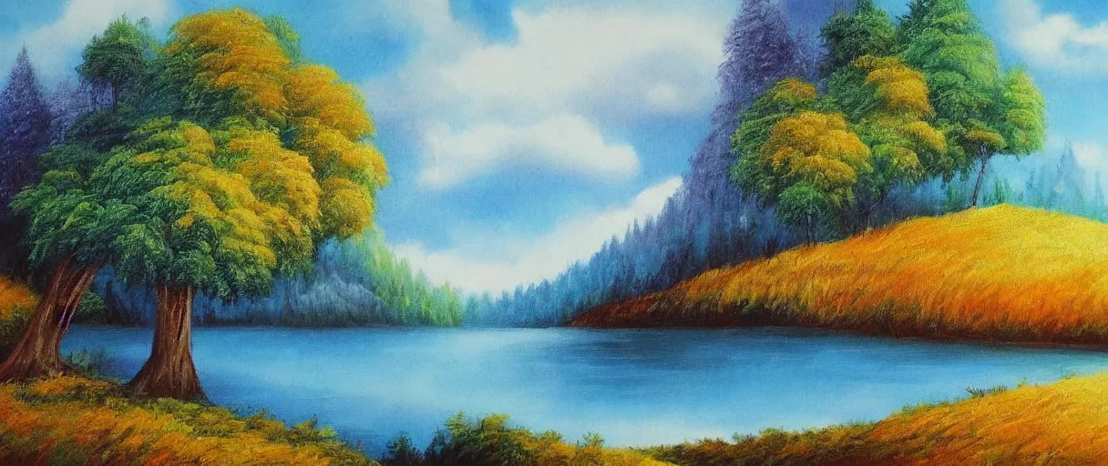 Image similar to a beautiful unique landscape painting influenced by bob ross.