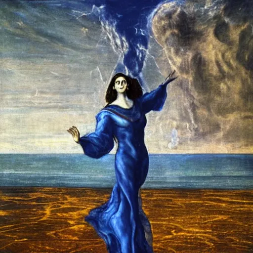 Prompt: Alcina Dimitrescu levitating over the sea. El Greco, Remedios Varo, Salvador Dali, Carl Gustav Carus, John Atkinson Grimshaw. Blue tint. Symetrical, logo, geometric shapes.