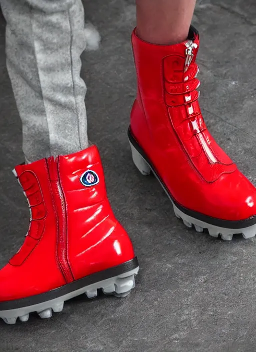 Image similar to hyperrealistic and heavy detailed moncler boots of whole lotta red by playboi carti, leica sl 2 5 0 mm, vivid color, high quality, high textured, real life