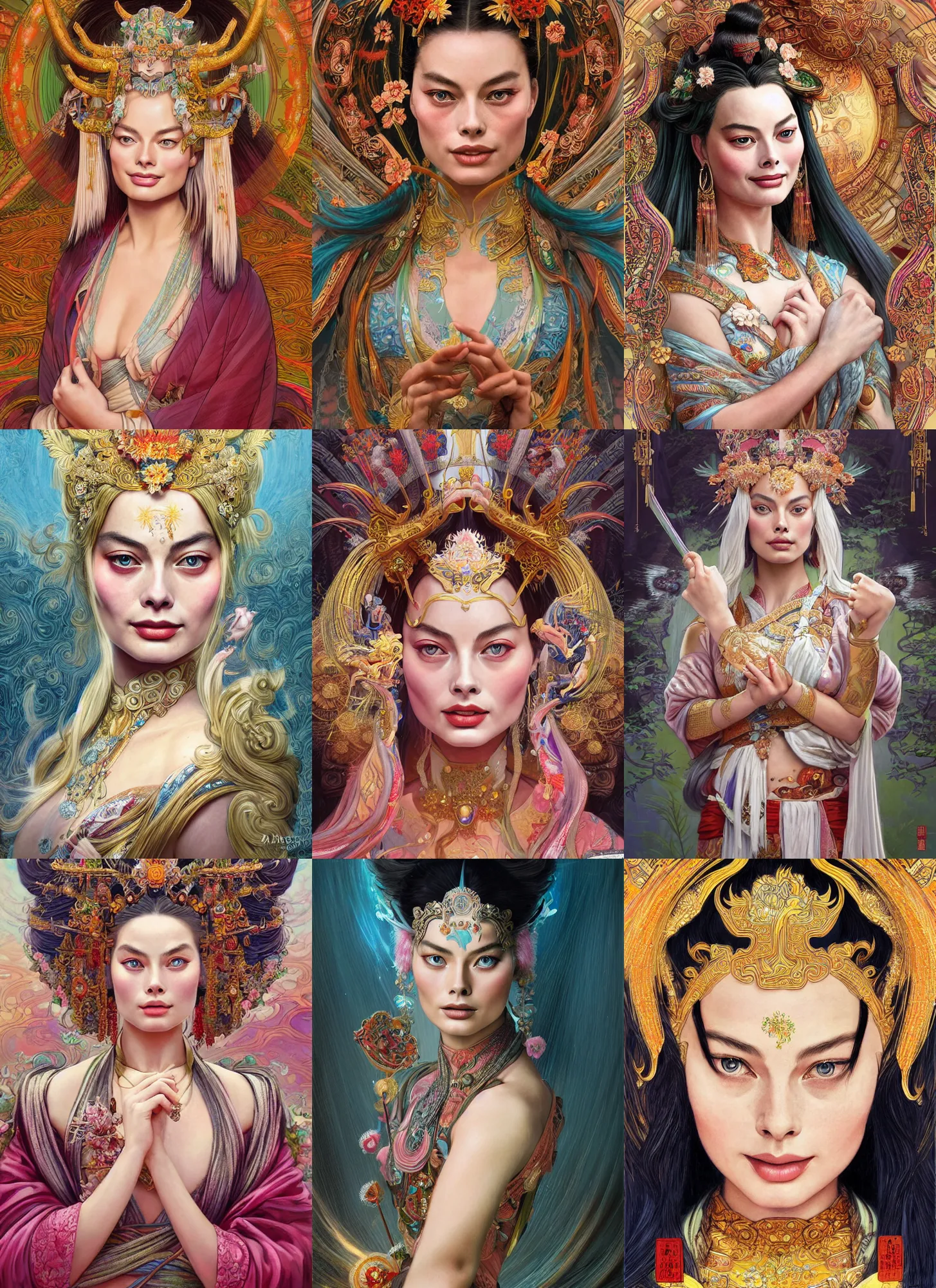 Prompt: Margot Robbie as a chinese Goddess, cute, fantasy, intricate, elegant, highly detailed, digital painting, 4k, HDR, concept art, smooth, sharp focus, illustration, art by Artgerm, H R Giger and Alphonse Mucha