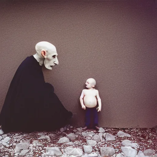 Image similar to portrait of nosferatu playing with his kid, realistic detailed photography, kodak 5 2 1 9 film, 5 0 mm lens