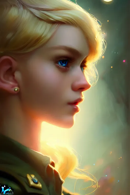 Image similar to cinematic shot of an epic portrait of a cute blonde fairy dressed in military clothes, stylised military clothes, shiny skin, beautiful eyes, beautiful, small details, night setting, realistic poster with volumetric light from craig mallism, artgerm, jeremy lipkin and michael garmash, unreal engine, radiant light, digital art, trends at art station, a masterpiece