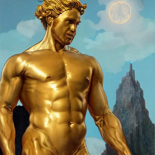 Image similar to ultra realistic illustration, a golden statue of a herculean glenn howerton as the god apollo, intricate, elegant, highly detailed, digital painting, artstation, concept art, smooth, sharp focus, illustration, art by artgerm and greg rutkowski and alphonse mucha