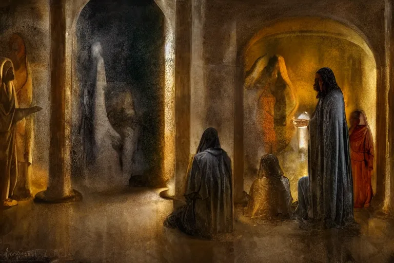 Image similar to inside the tomb of jesus, dark scene, light coming in from the left, small steps leading down, 3 marys crouching in colored robes at the tomb | 2 angels on the right side | medium close | fibonacci composition, by jeremy mann, david palumbo