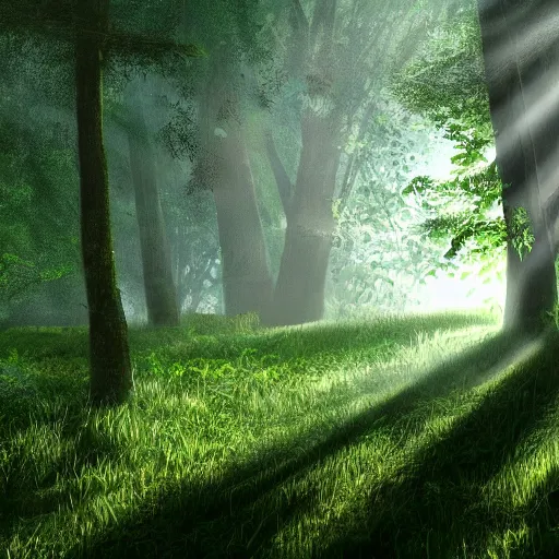 Prompt: A lush green forest in the morning; rays of light coming through the canopy; trending on artstation