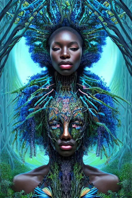 Image similar to hyperrealistic post-maximalist super expressive! black woman with exoskeleton armor, merging with tree in a forest, highly detailed digital art masterpiece smooth cam de leon hannah yata dramatic pearlescent blue teal light ground angle hd 8k sharp focus