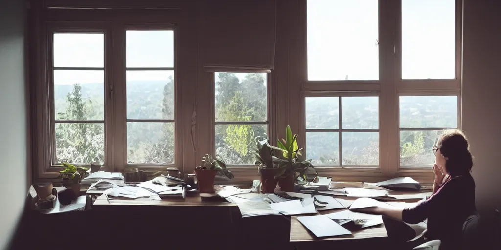 Prompt: a woman sitting a desk next to a window, reading a letter, warm, happy, sunlight, medium shot, realistic