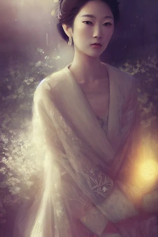 Image similar to Japanese princess, gorgeous, close-up portrait, intricate, elegant, volumetric lighting, scenery, digital painting, highly detailed, artstation, sharp focus, illustration, concept art, ruan jia, steve mccurry