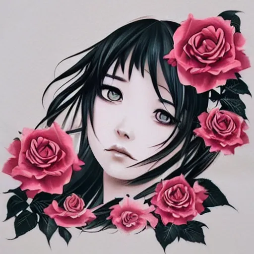 Image similar to tattoo design, stencil, beautiful japanese girls face framed by roses and ivy by artgerm, artgerm, cat girl, anime