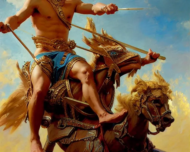 Image similar to attractive apollo greek god, riding his fire chariot. highly detailed painting by gaston bussiere, craig mullins, j. c. leyendecker 8 k