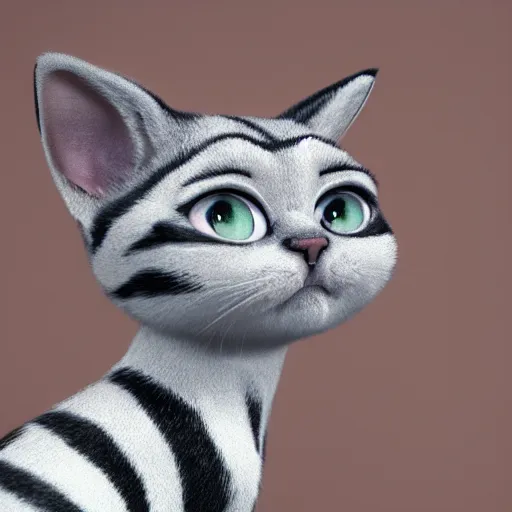 Prompt: a portrait of a cute gray and white striped cat in Copenhagen, trending on cg society, 3d zbrush render with fur, Pixar octane render, rim lighting, painting by Norman Rockwell