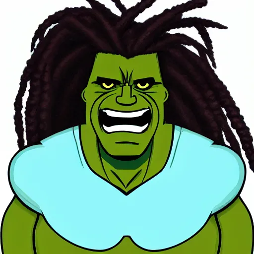 Image similar to black hulk with dreadlocks, cartoon drawing, meme