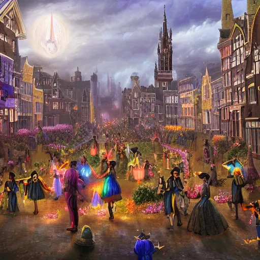 Prompt: A bustling magical town, witches and black cats are dancing around a colorful music festival, the large academy of magic and science can be seen towering in the distance, inspired by Victorian England and Amsterdam, highly detailed, digital painting, artstation, concept art, matte painting