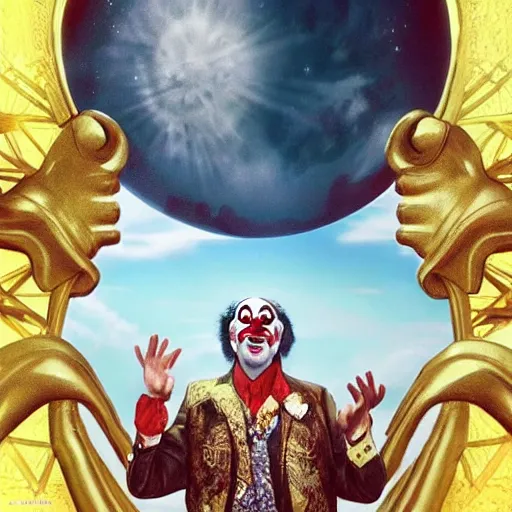 Image similar to the image of clownvis presley with outstretched arms between the moon and the sun and a thousand stars ultra realistic, concept art, intricate details, serious, highly detailed, photorealistic, octane render, 8 k, unreal engine, art by todd mcfarlane and artgerm and greg rutkowski and alphonse mucha