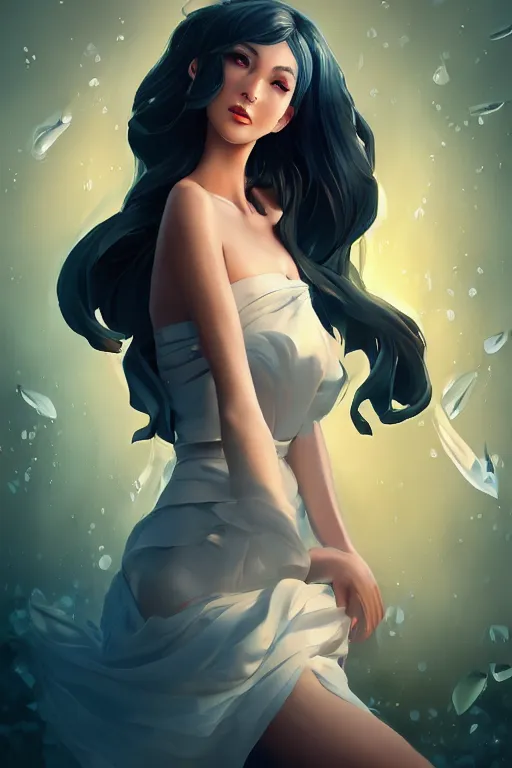 Image similar to a beautiful fashion goddness of love, chic strapless dress, tropical sea background, character design, in the style of artgerm, and wlop, cinematic lighting, hyperdetailed, 8 k realistic, symmetrical, global illumination, radiant light, frostbite 3 engine, cryengine, dof, trending on artstation, digital art