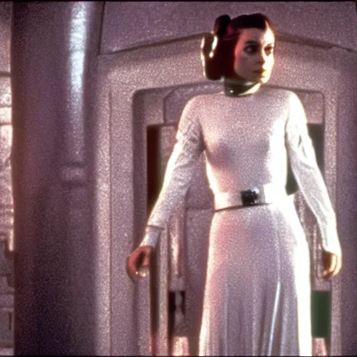 Image similar to film still of Margot Robbie as Princess Leia in Star Wars 1977