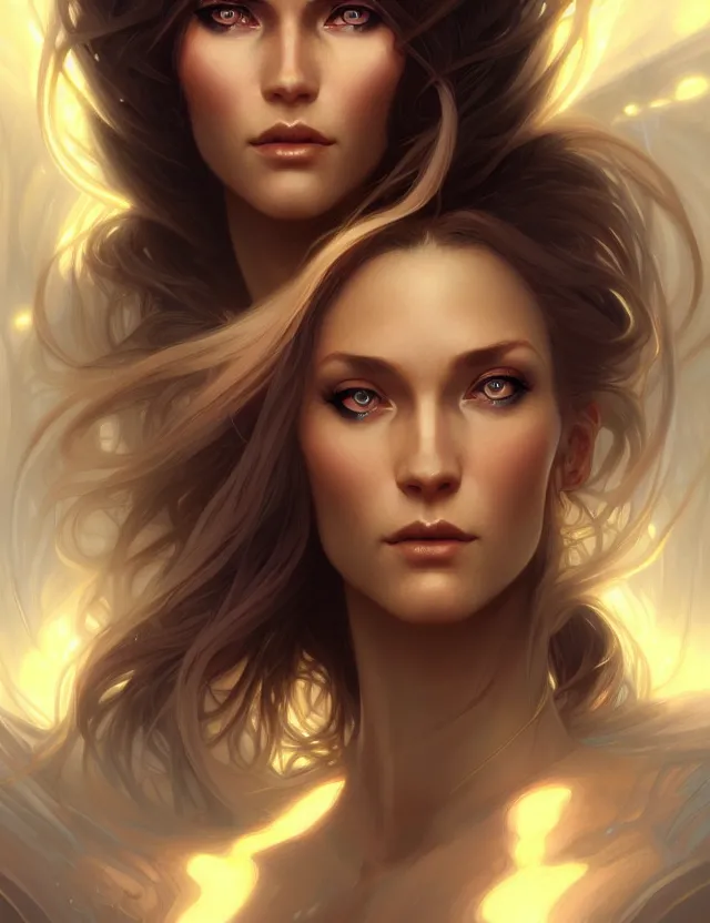 Image similar to futuristic woman portrait, sci-fi, amber eyes, face, long hair, fantasy, intricate, elegant, highly detailed, digital painting, artstation, concept art, smooth, sharp focus, illustration, art by artgerm and greg rutkowski and alphonse mucha