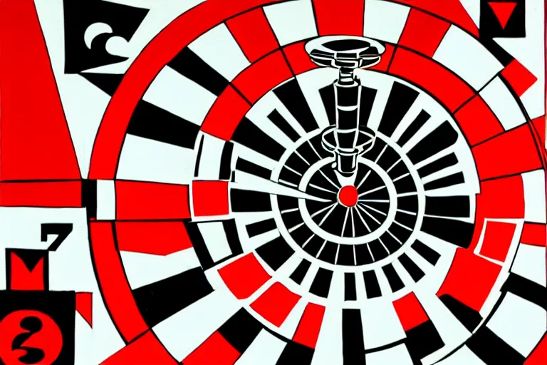 Prompt: gambling roulette machine, constructivism art, alexander rodchenko, red black white colors, surrealism, highly detailed, trending on artstation, 8 k