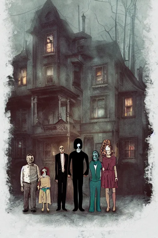 Image similar to an unsettling old colored family photograph, anxious people standing in a large haunted house, phantom ghosts in the background, cinematic, horror, photorealistic, vintage, artstation, painterly, expressive